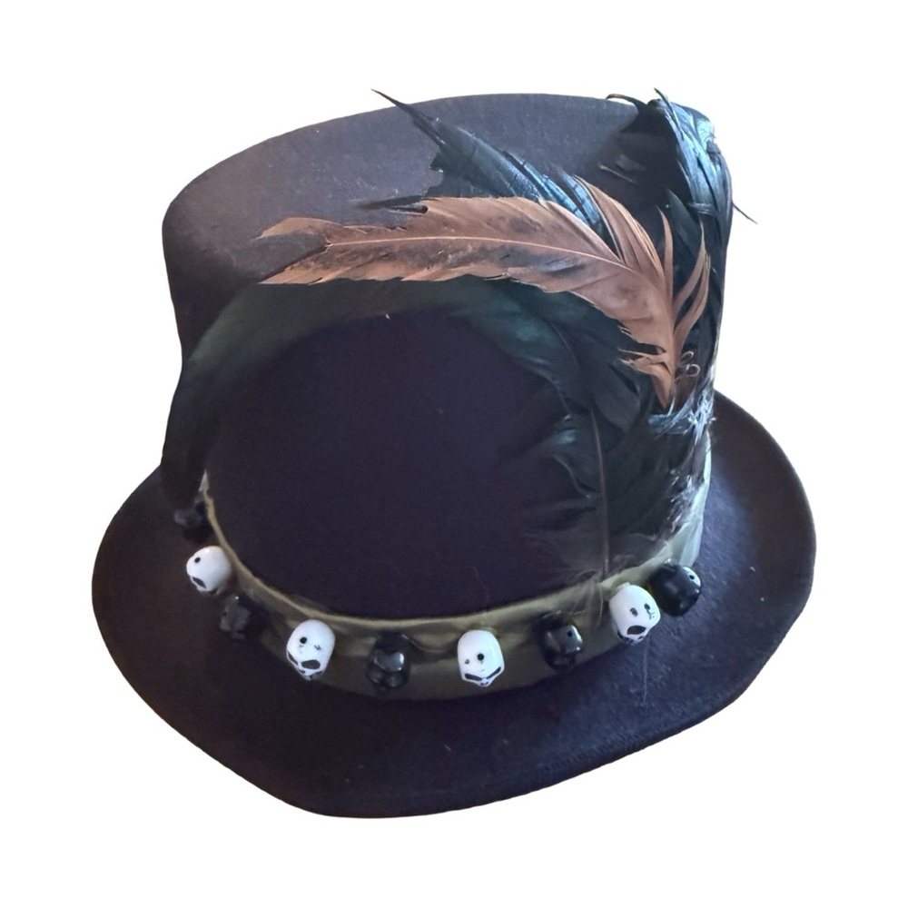 Black Felt Feathered Top Hat Halloween Skull Accents for Cosplay